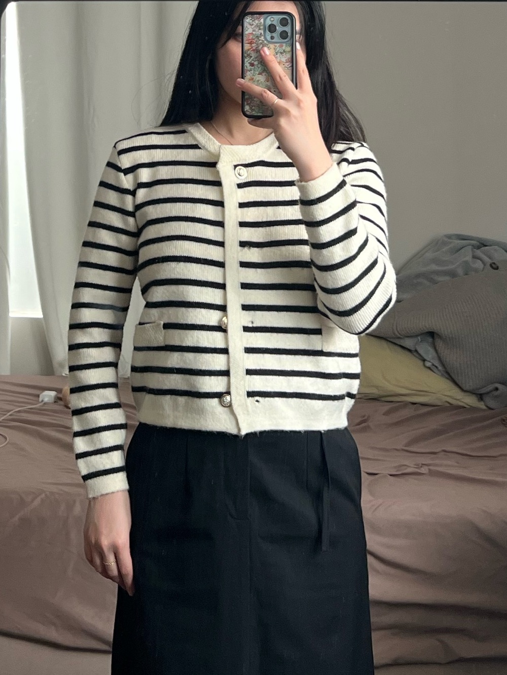 Striped Crewneck Cardigan in Cream and Black